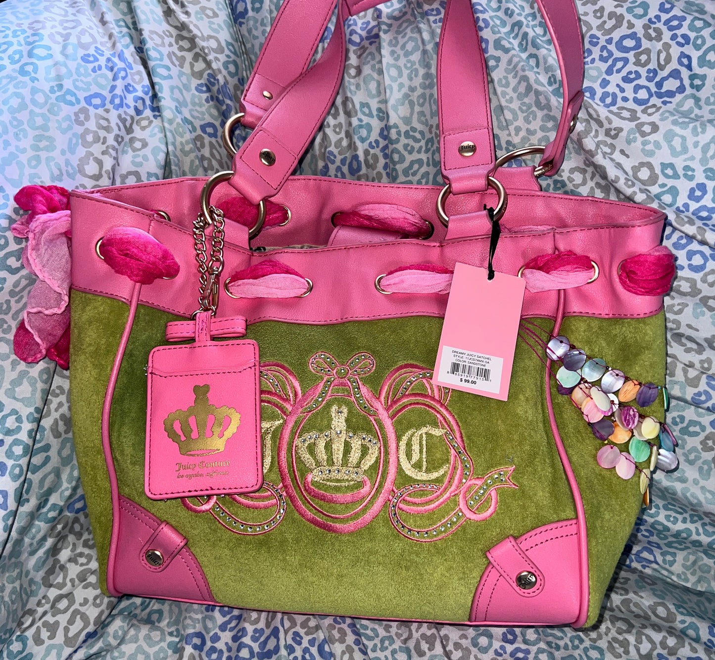 New Pink Green Juicy Couture Tote Bag + Wallet Custom Dyed Purse Vintage Style