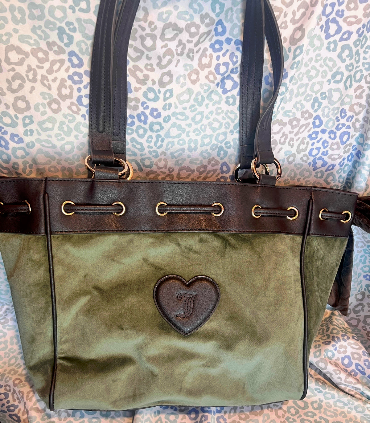 New Olive Green Juicy Couture Purse Daydreamer Tote Bag Velour Handbag Patches