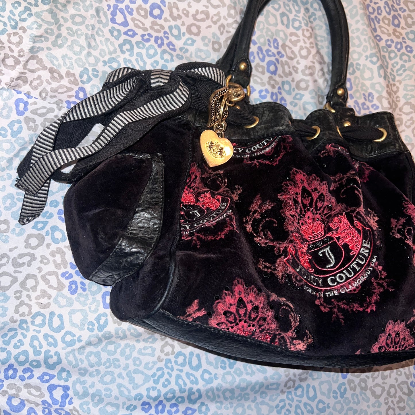 Vintage Red Black Juicy Couture Purse Tote Bag Handbag Velour Y2K Mcbling Rare