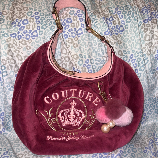 Vintage Maroon Pink Juicy Couture Purse Shoulder Bag Handbag Y2K Velour Mcbling