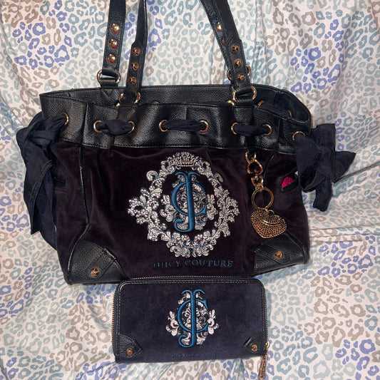 Vintage Dark Blue Juicy Couture Tote Purse + Wallet Y2K Daydreamer Bag