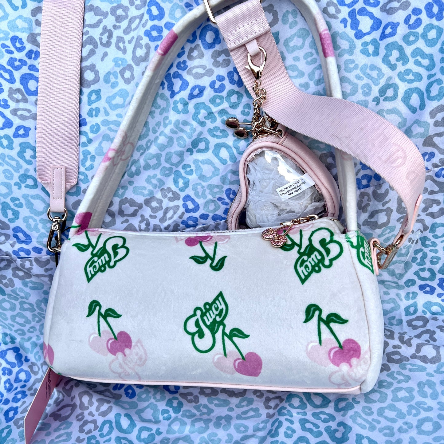 New Pink Juicy Couture Purse Cherry Velvet Shoulder Bag Handbag Vintage Style