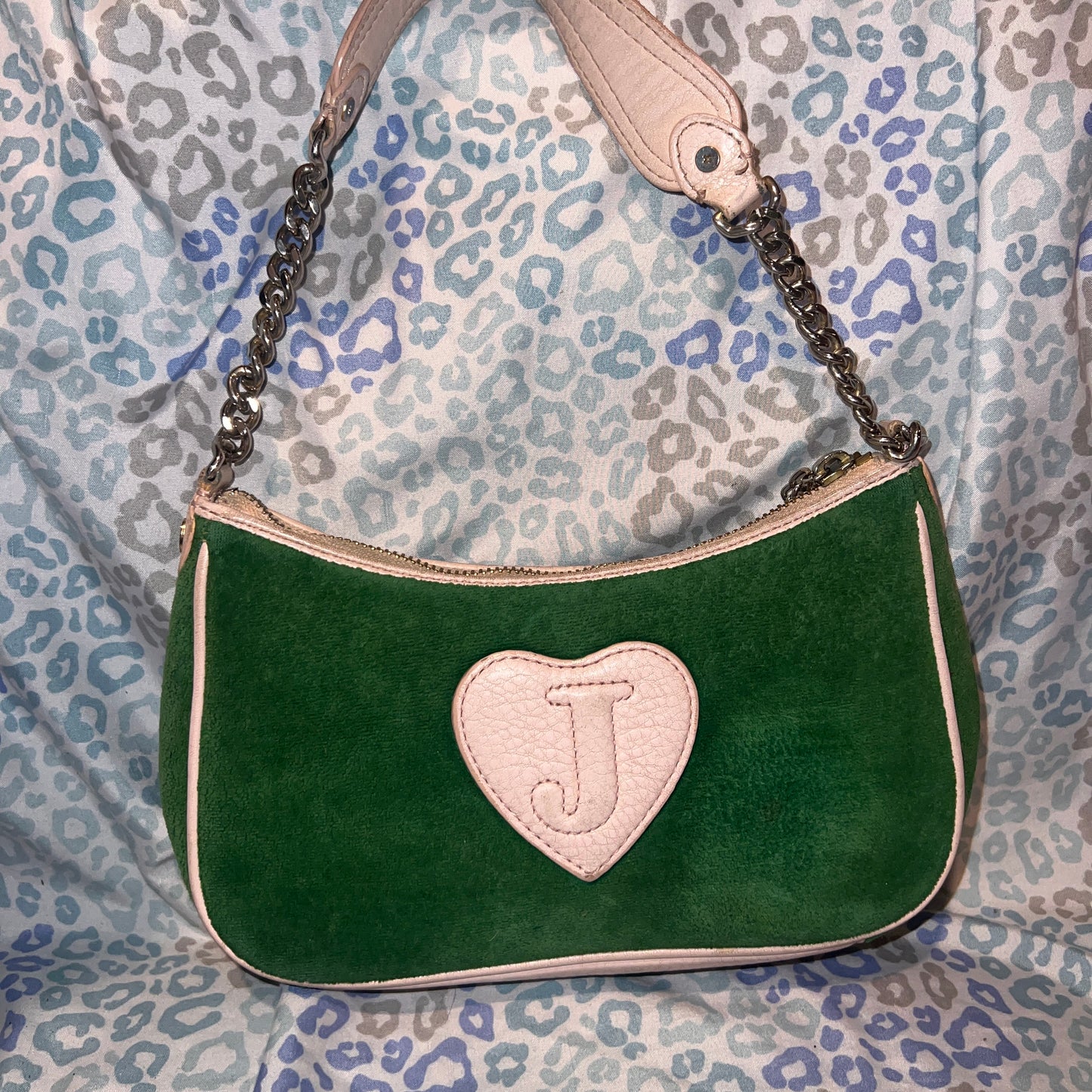 Vintage Pink Green Juicy Couture Purse Handbag Shoulder Bag Velour Y2K