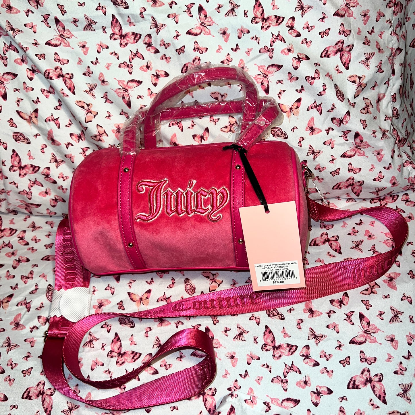 New Pink Juicy Couture Purse Barrel Bag Velour Crossbody Y2K MSRP $99