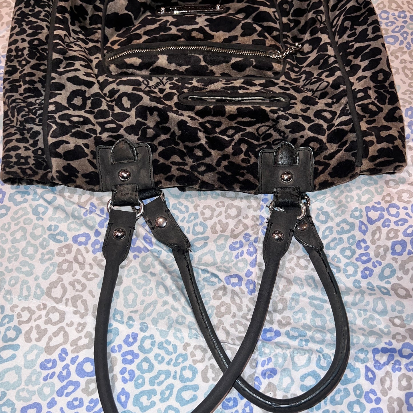 Vintage Grey Black Juicy Couture Handbag Satchel Bag Purse Velour Y2K Cheetah