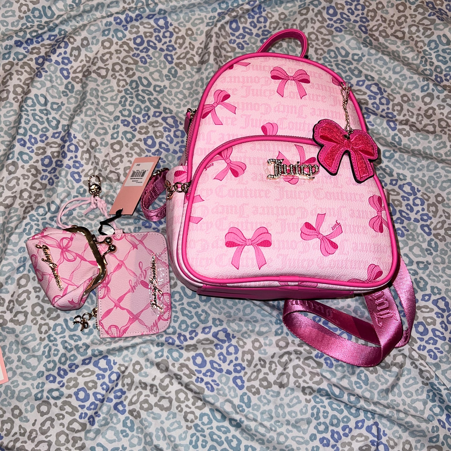 New Pink Juicy Couture Backpack Set w/ Wallet + Coin Purse Pouch NWT Ribbon Bow
