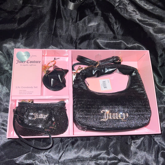 New Black Juicy Couture Crossbody Bag Purse Handbag + Pouch + Charm Gift Set