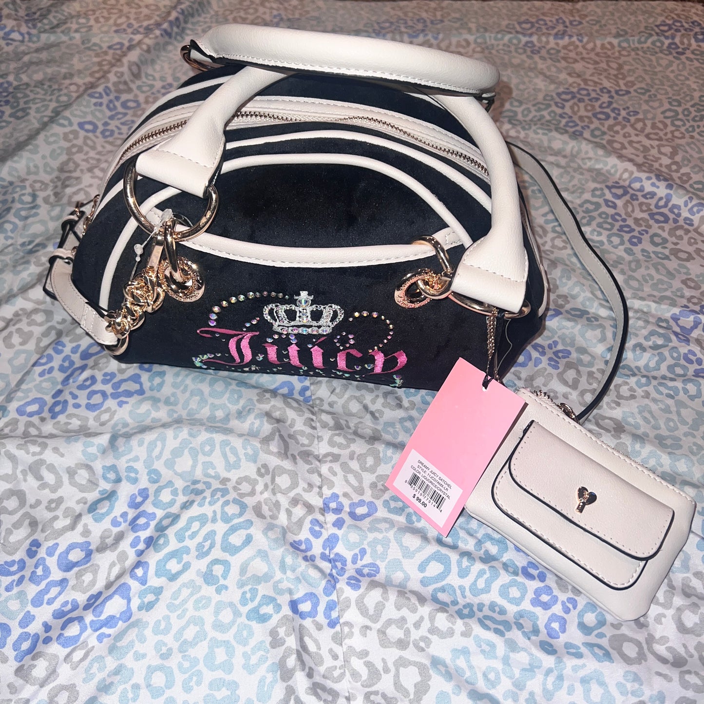 New Black Juicy Couture Purse Bowler Bag Satchel + Wallet Y2K Velour Rhinestones