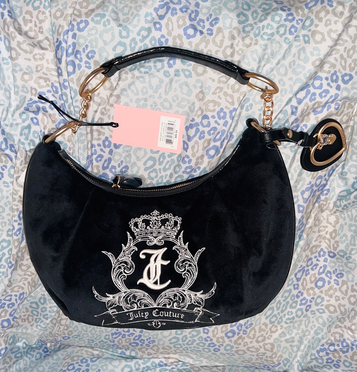 New Black Juicy Couture Purse Handbag Shoulder Bag Velour Vintage Style Hobo