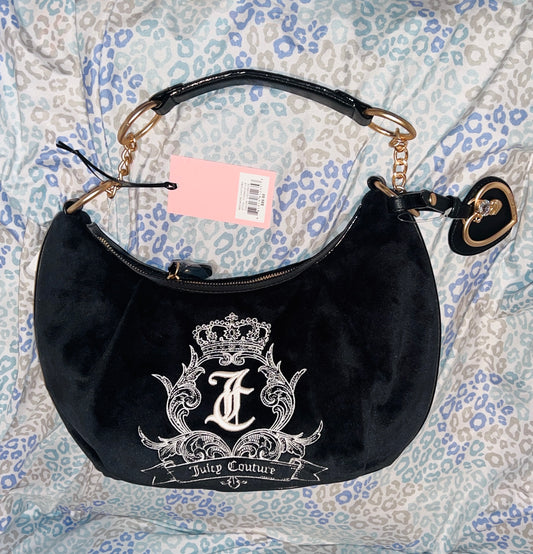 New Black Juicy Couture Purse Handbag Shoulder Bag Velour Vintage Style Hobo
