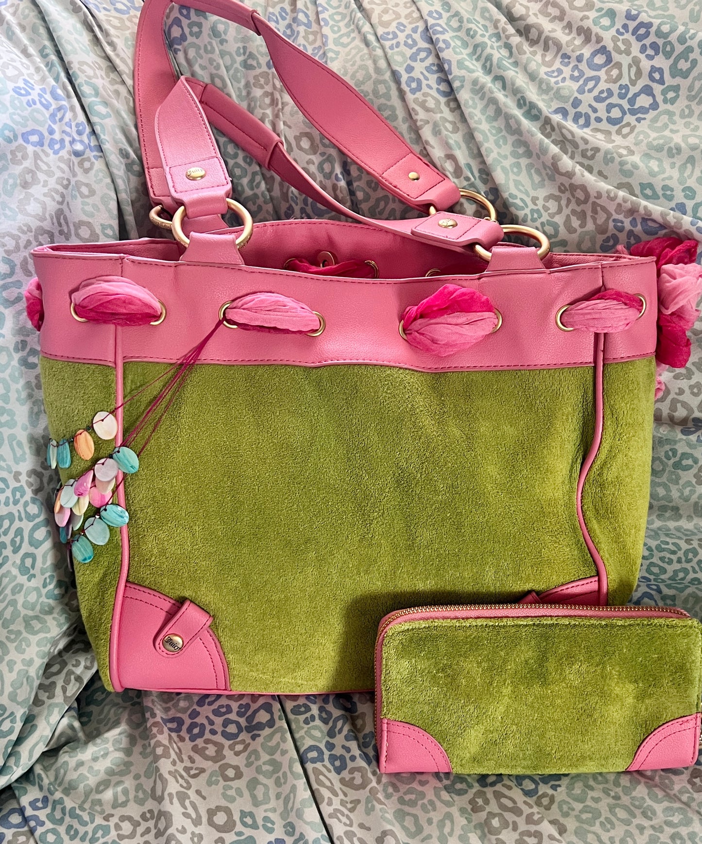 New Pink Green Juicy Couture Tote Bag + Wallet Custom Dyed Purse Vintage Style
