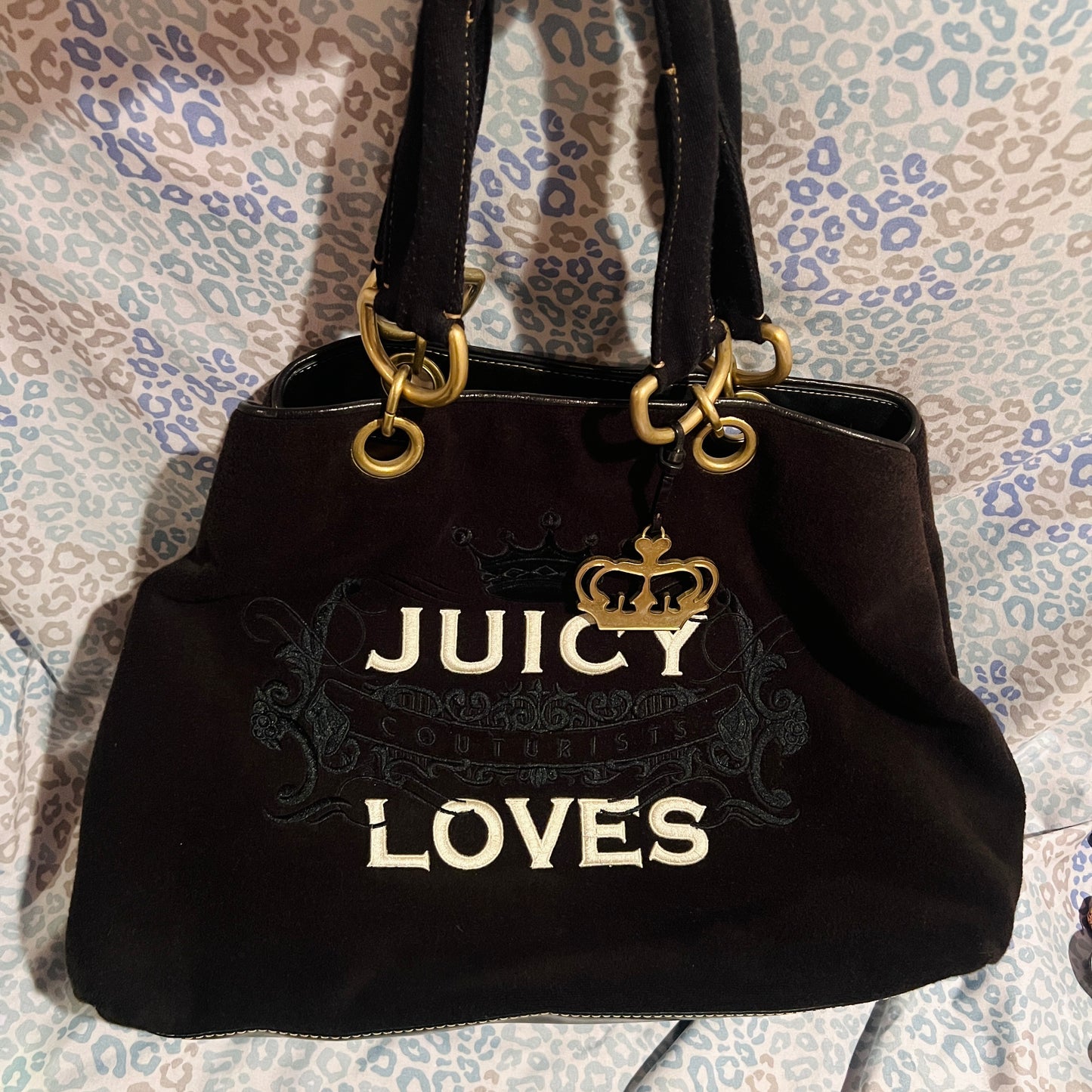 Vintage XL Black Juicy Couture Satchel Tote Purse Terry Cloth Y2K Travel Bag
