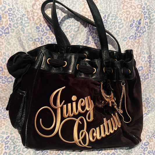 Vintage Black Juicy Couture Tote Bag Purse Handbag Velour Y2K Daydreamer Ring