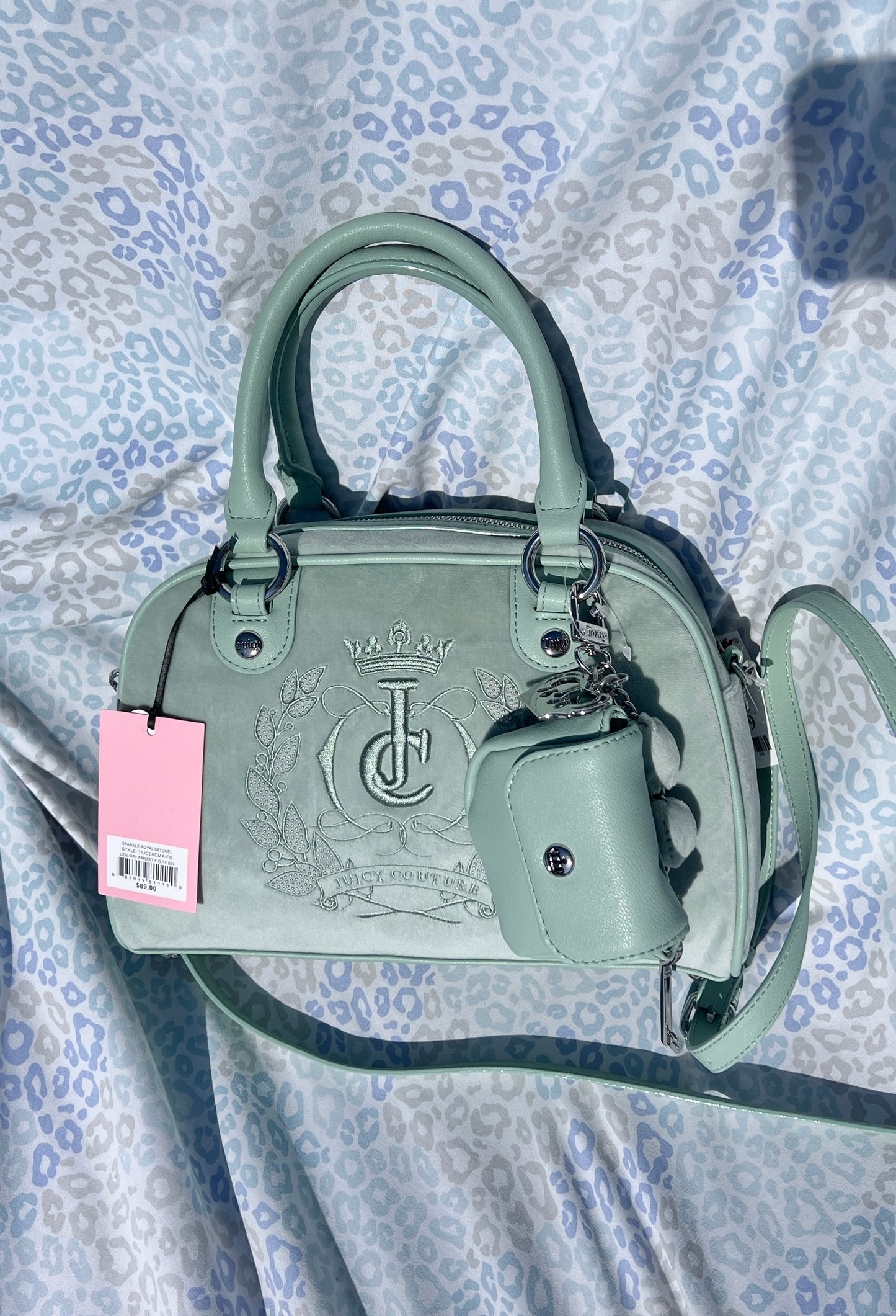 New Frosty Green Juicy Couture Purse Bowler Satchel Bag + Charm + Wallet Velour