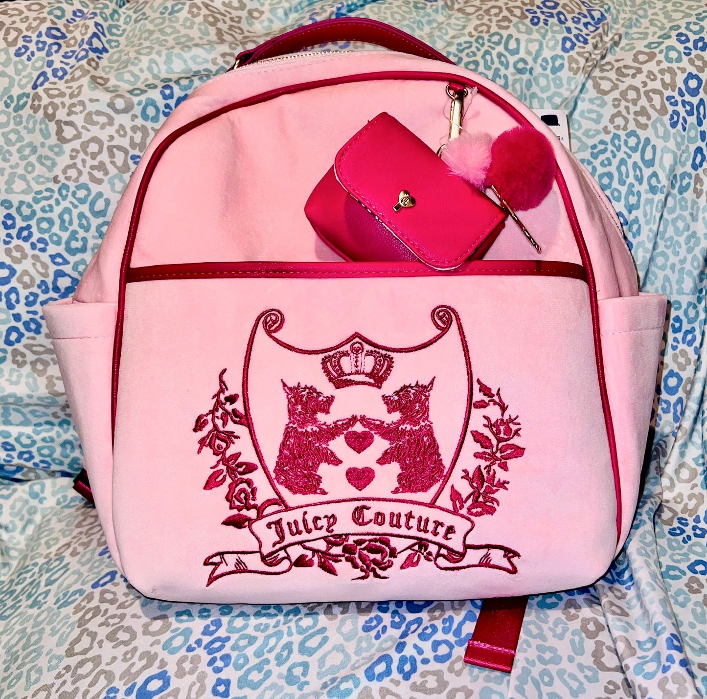 New Pink Juicy Couture Backpack Purse Scottie Dog Velour Bag XL Size Embroidered