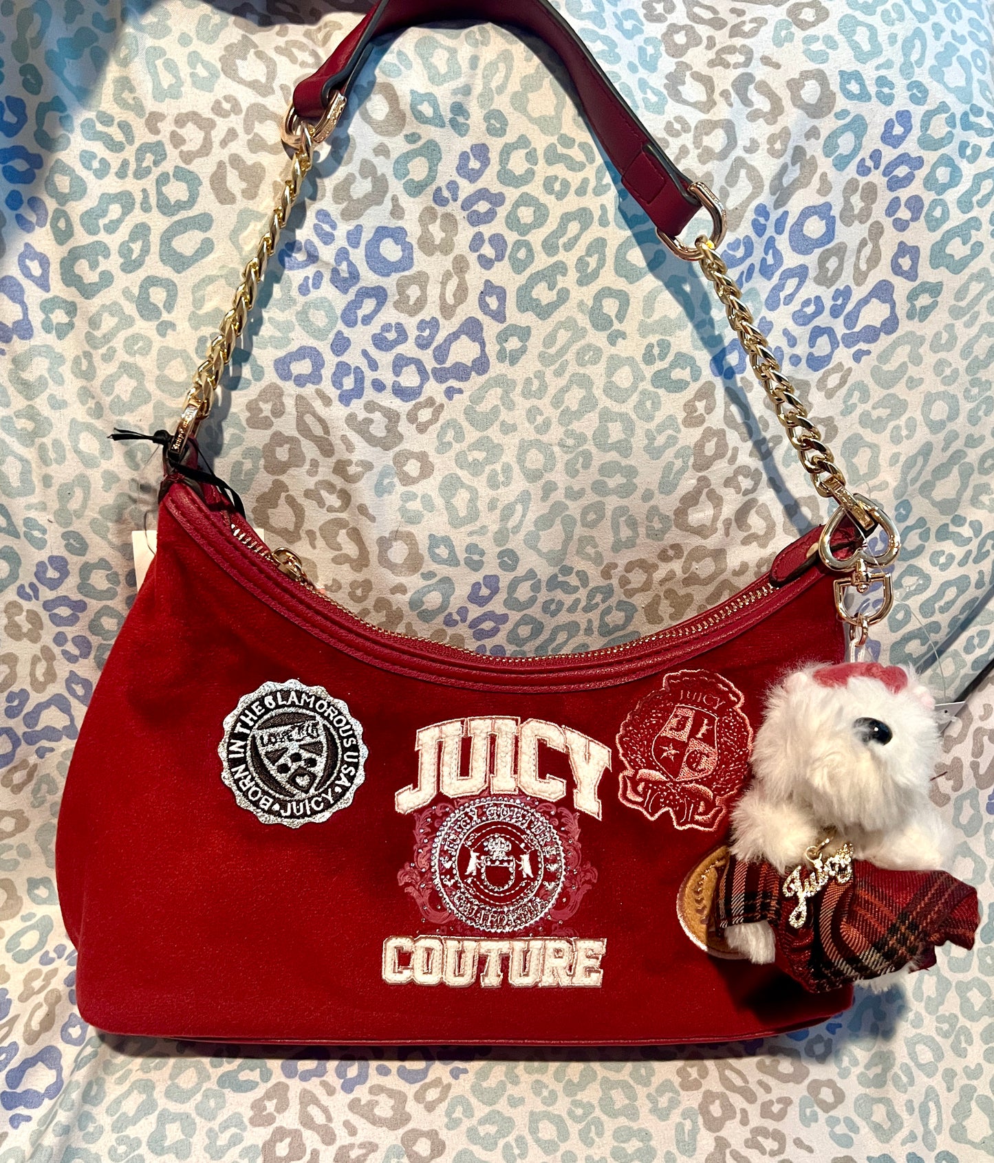 New Red Juicy Couture Purse Shoulder Bag Satchel Patch Scottie Dog Charm Handbag