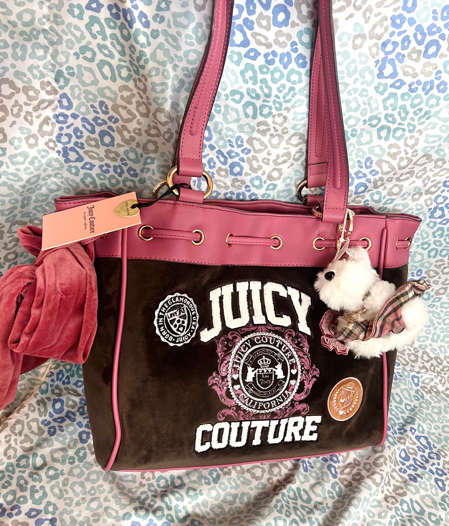 New Pink Brown Juicy Couture Purse Daydreamer Tote Bag Velour Handbag Dog Charm