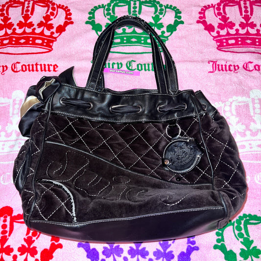 Vintage Black Juicy Couture Purse Tote Bag Satchel Velour Daydreamer Quilted Y2K