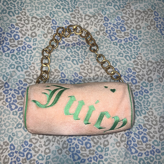 Vintage Green Pink Juicy Couture Barrel Bag Purse Satchel - Terry Cloth