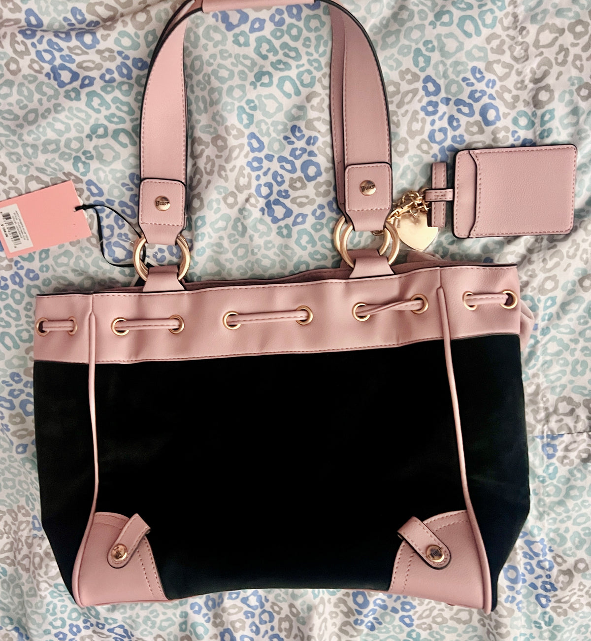 New Pink Black Juicy Couture Purse Daydreamer Velour Shoulder Bag Tote + Wallet