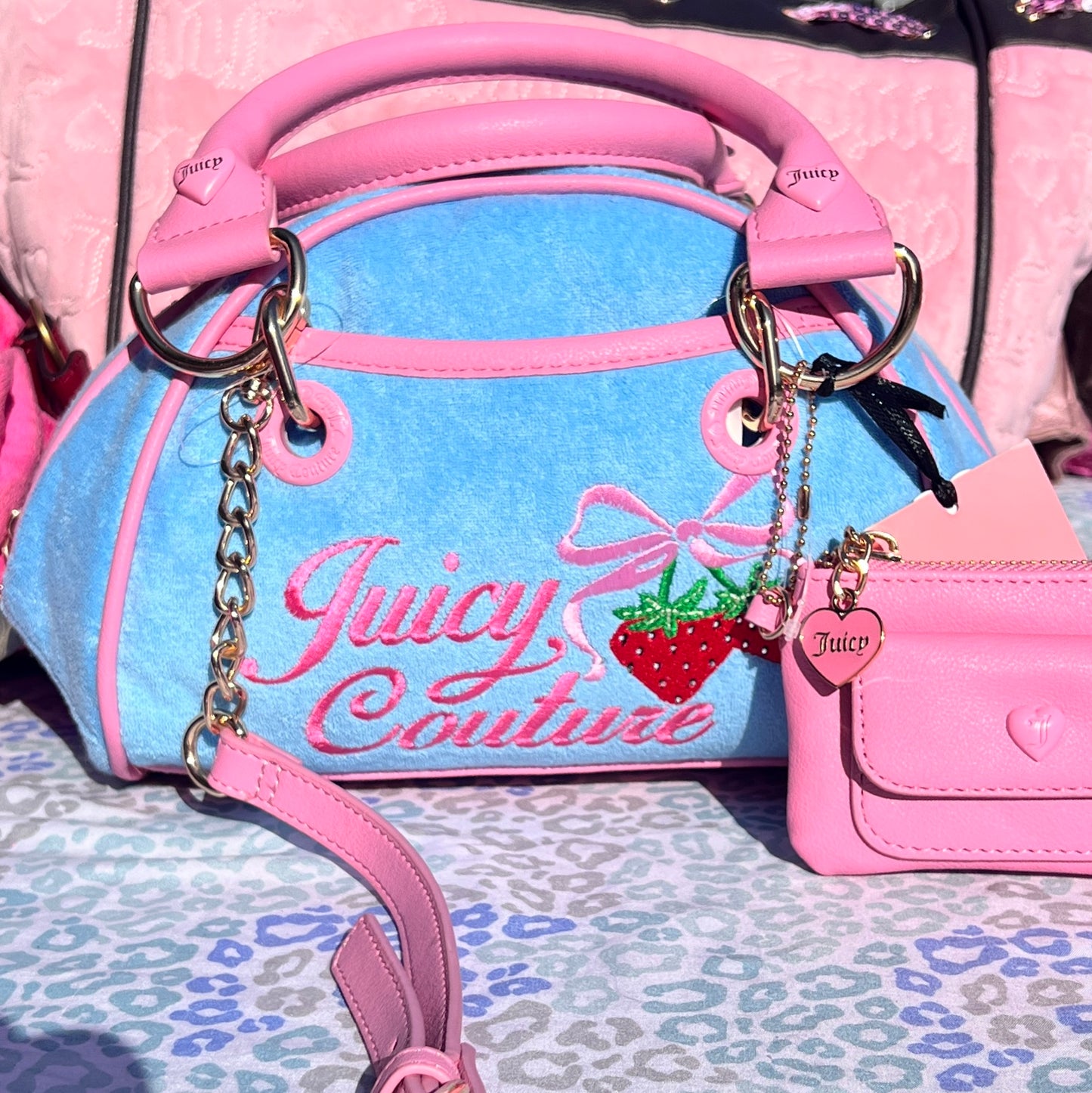 New Blue Juicy Couture Purse Bowler Bag Handbag Satchel Strawberry Terry Cloth