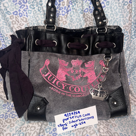 Vintage Pink Grey Juicy Couture Tote Bag Purse Handbag Velour Scottie Daydreamer