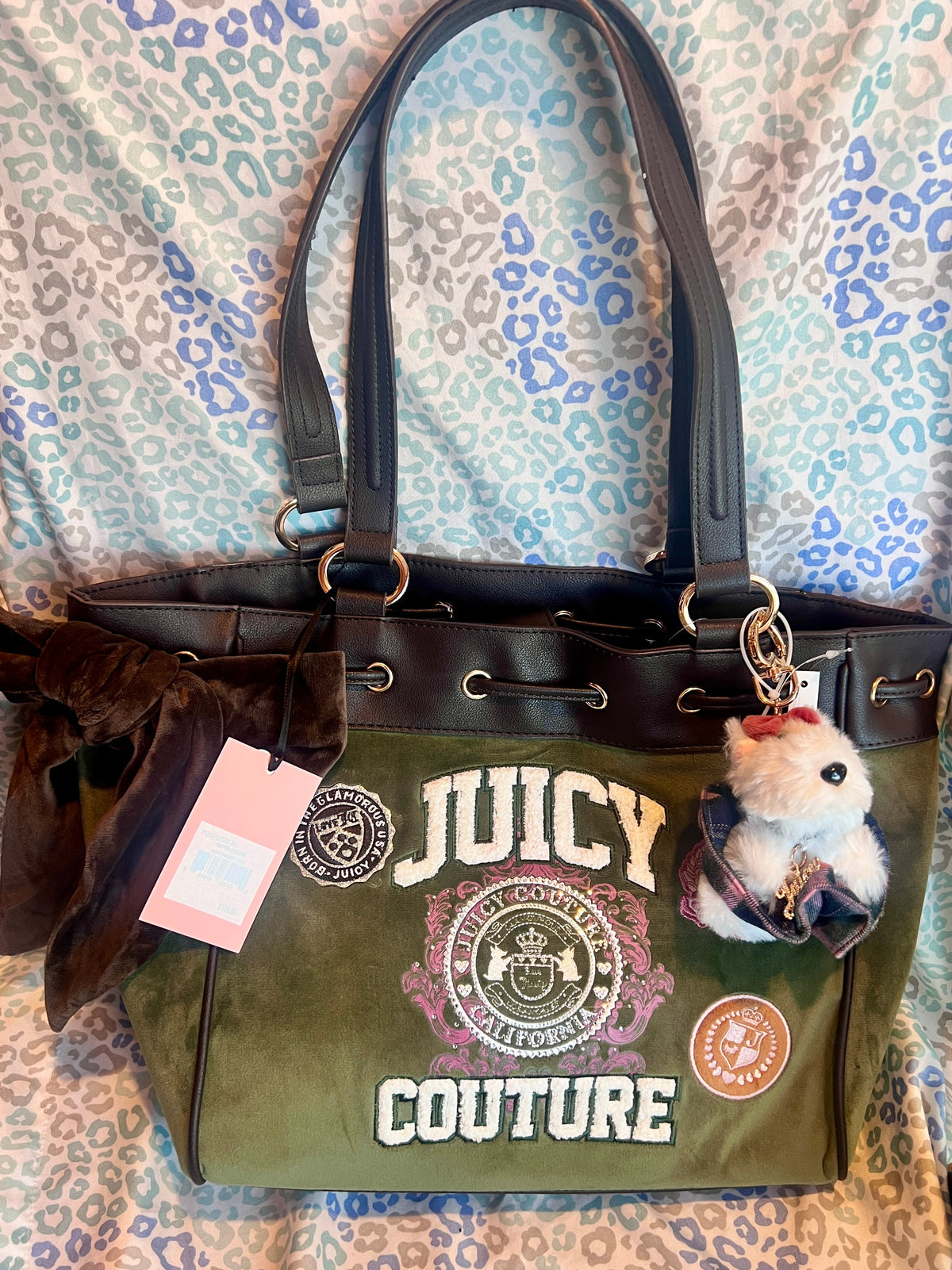 New Olive Green Juicy Couture Purse Daydreamer Tote Bag Velour Handbag Patches