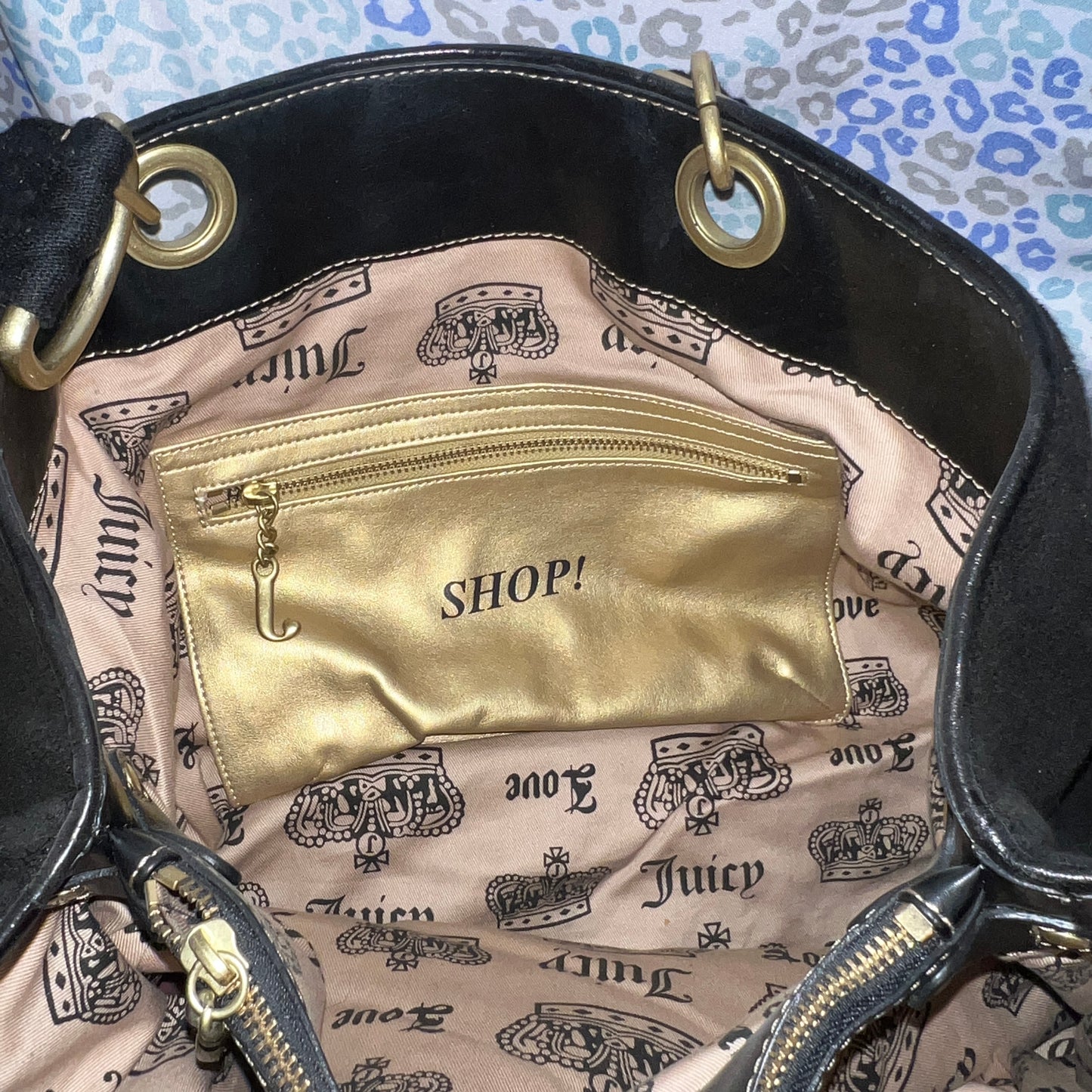 Vintage XL Black Juicy Couture Satchel Tote Purse Terry Cloth Y2K Travel Bag