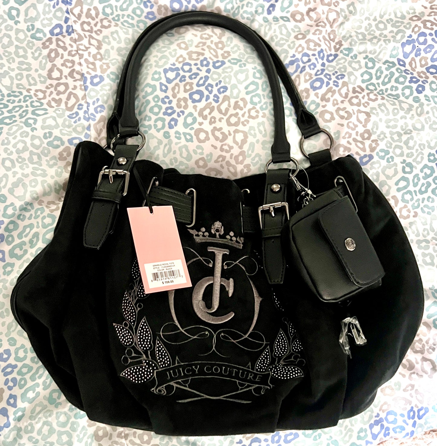 New Black Juicy Couture Purse Satchel Bag Handbag Velour Sparkle Royal Tote