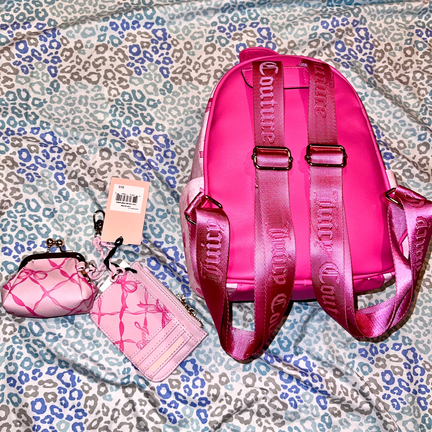 New Pink Juicy Couture Backpack Set w/ Wallet + Coin Purse Pouch NWT Ribbon Bow