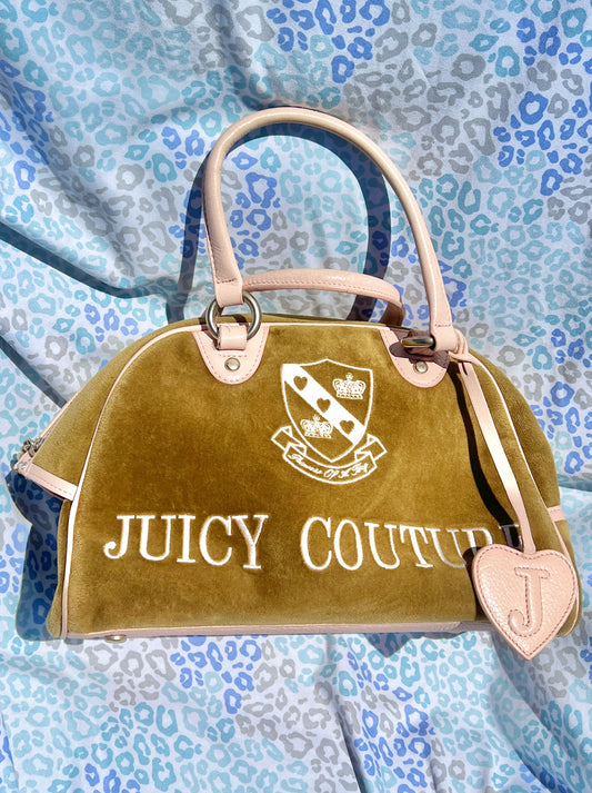 Vintage Olive Green Juicy Couture Purse Velvet Bowler Bag Satchel Handbag Y2K