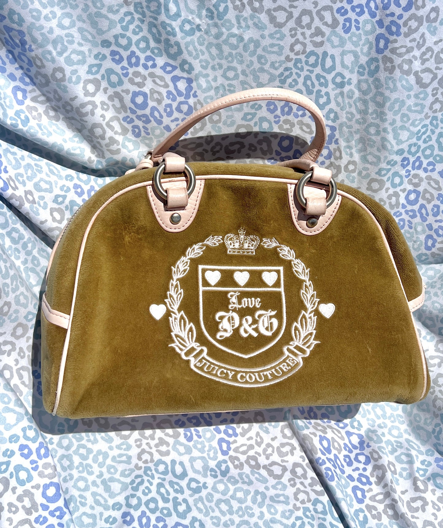 Vintage Olive Green Juicy Couture Purse Velvet Bowler Bag Satchel Handbag Y2K