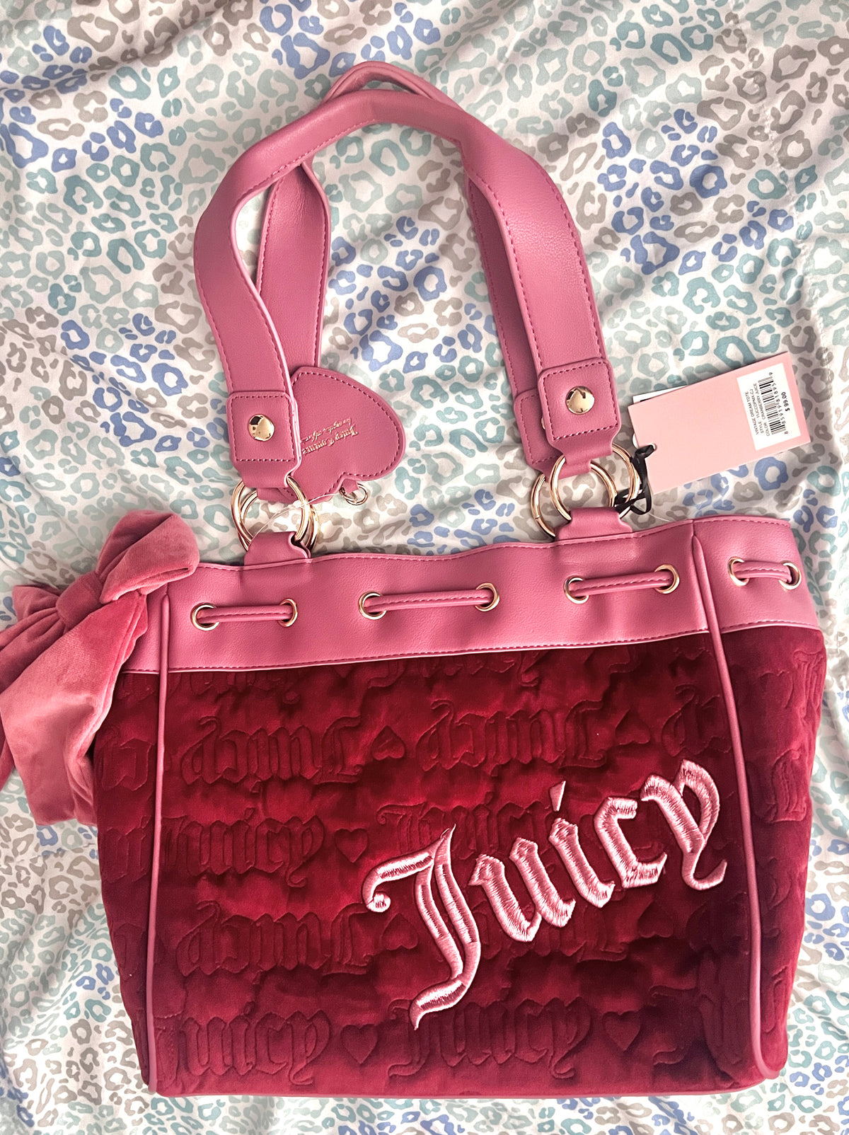 New Maroon Pink Juicy Couture Purse Velour Tote Bag Daydreamer Quilted Handbag