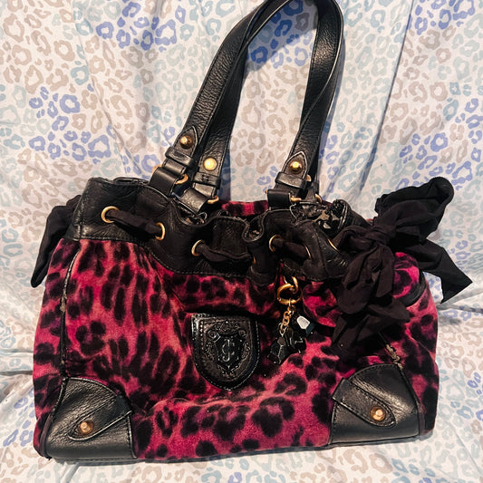 Vintage Black Pink Juicy Couture Purse Handbag Tote Daydreamer Velour Cheetah