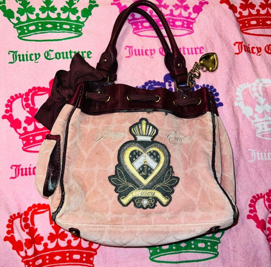 Vintage Pink Juicy Couture Purse Tote Bag Handbag Velour Daydreamer Y2K Hearts