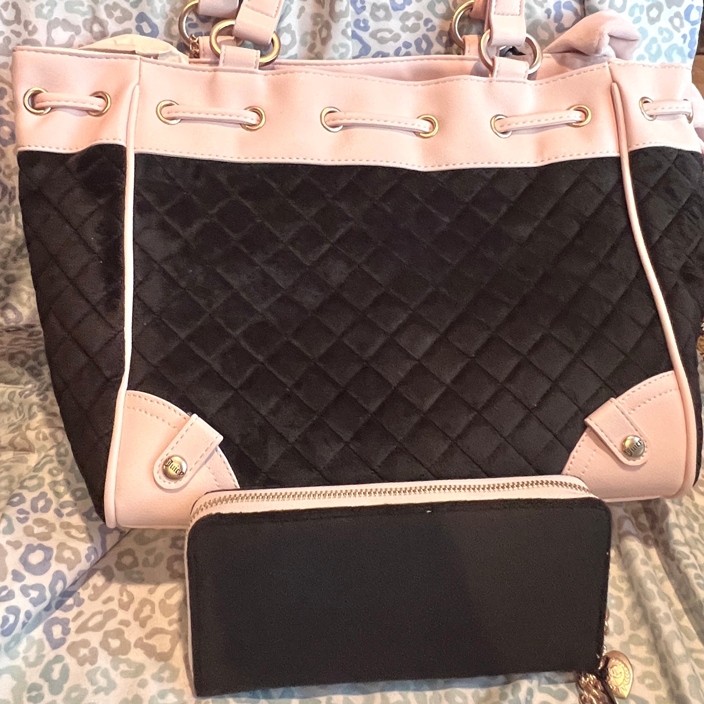 New Pink Black Juicy Couture Purse + Wallet Velour Fairy Tale Daydreamer Tote