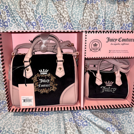 New Pink Black Juicy Couture Purse Handbag Liquorice Heritage Mommy & Me Bag Set