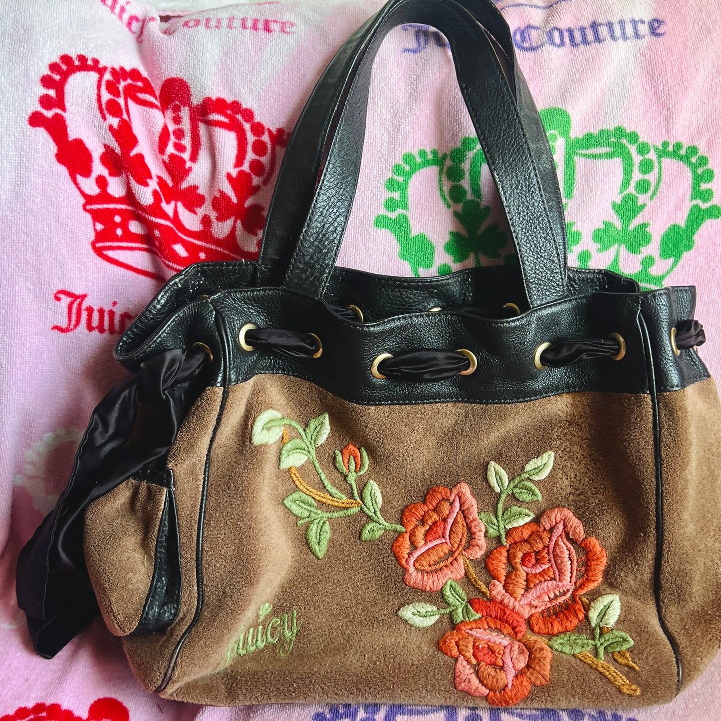 Vintage Brown Juicy Couture Purse Handbag Tote Bag Daydreamer Floral Terry Cloth