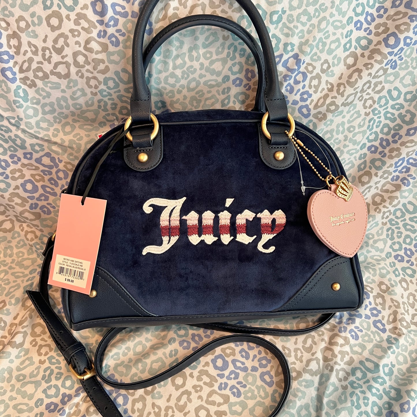 New Blue Juicy Couture Purse Handbag Bowler Bag Velour Vintage Style MSRP $99