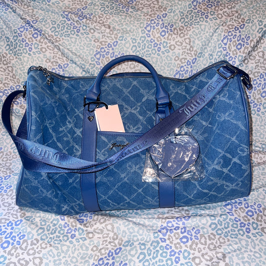 New Blue Juicy Couture Duffel Bag Bow Travel Denim Purse XL Weekender Ribbon