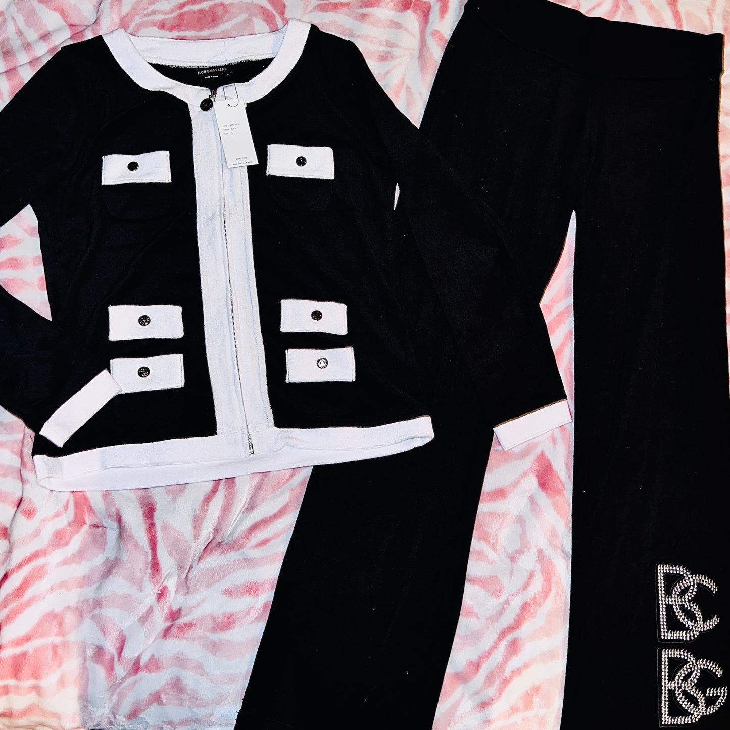 New Large White Black BCBG 2-Piece Tracksuit Jacket + Track Pants Set MSRP $160