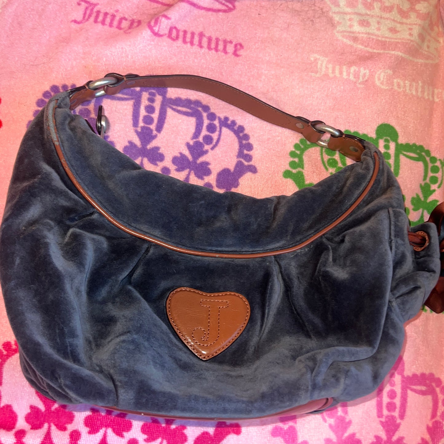 Vintage Brown Blue Juicy Couture Purse Satchel Bag Handbag Velour Y2K