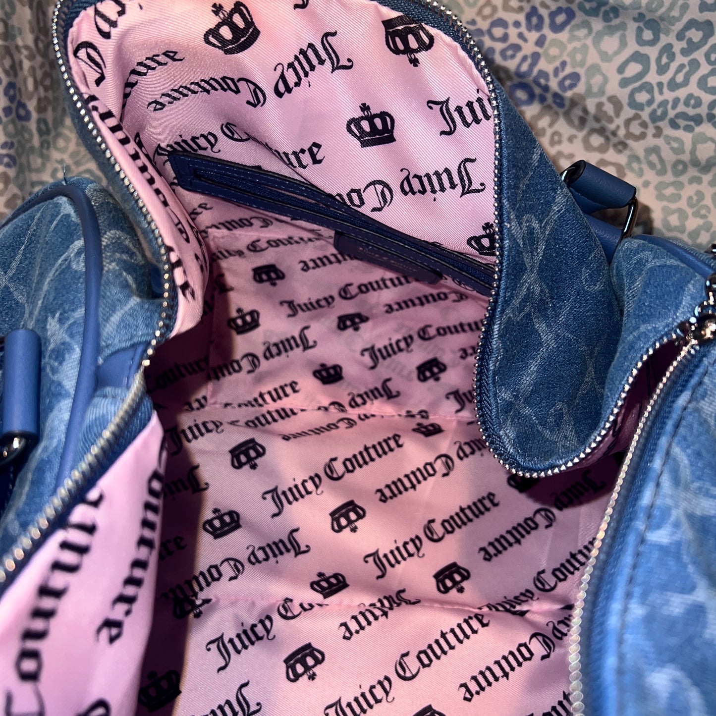 New Blue Juicy Couture Duffel Bag Bow Travel Denim Purse XL Weekender Ribbon