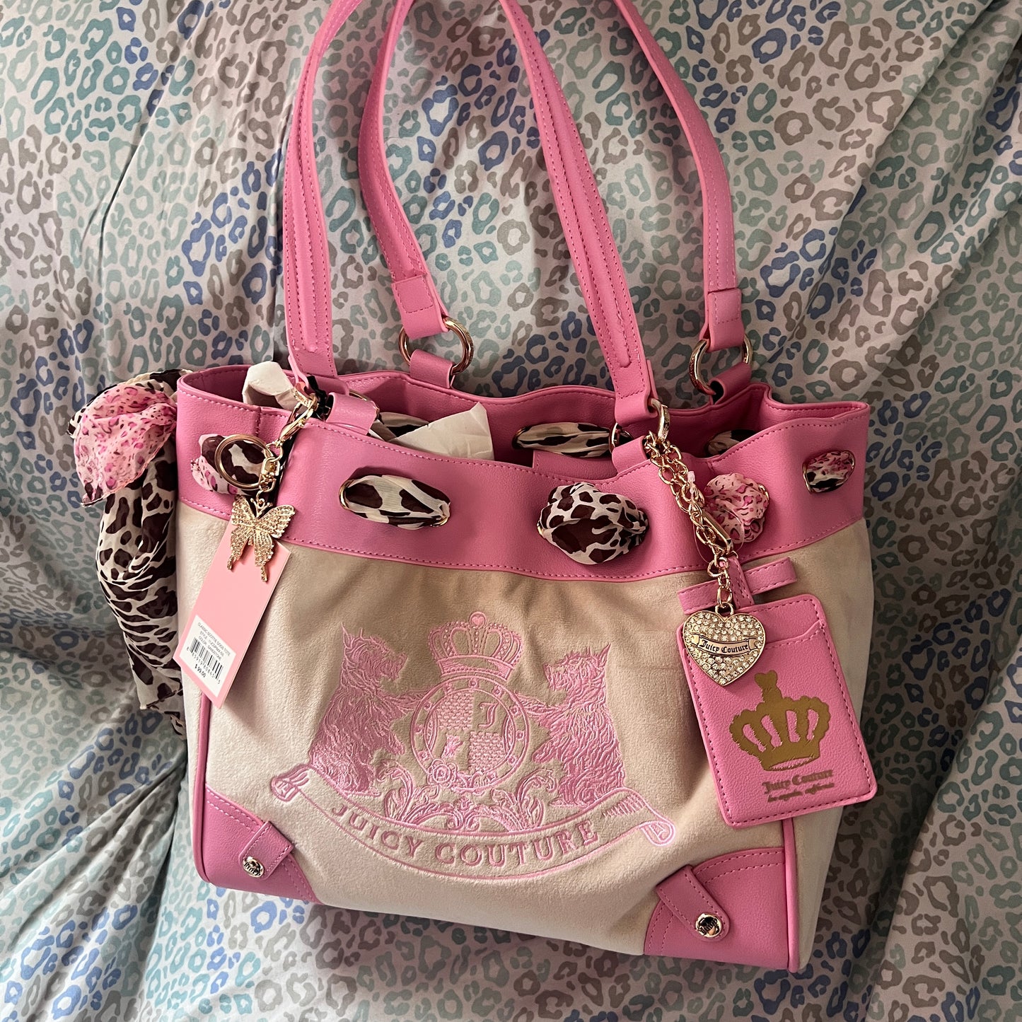 New Pink Beige Juicy Couture Purse Daydreamer Tote Bag Velour Scottie Dog Custom