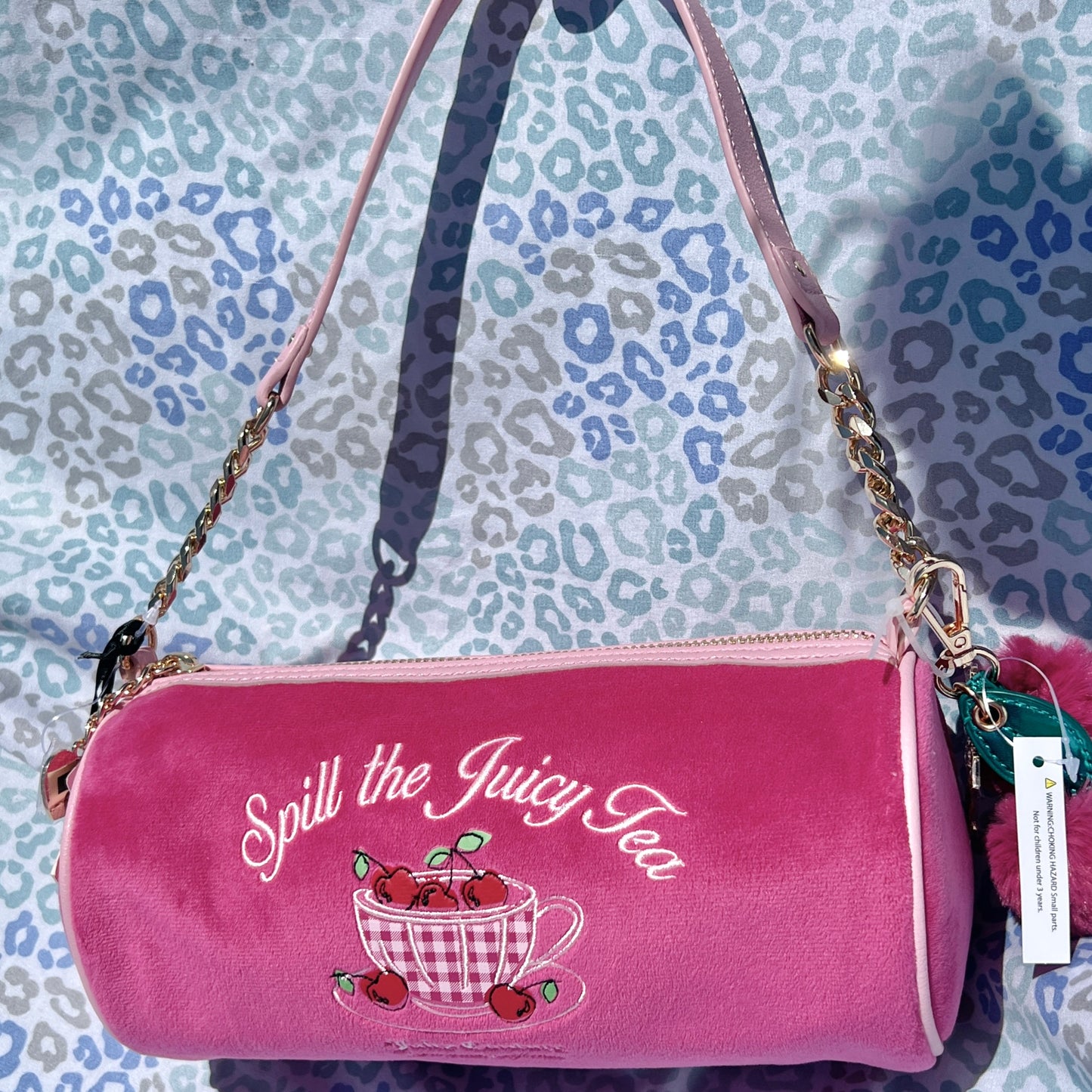 New Pink Juicy Couture Purse Barrel Bag Handbag Velour Spill the Juicy Tea