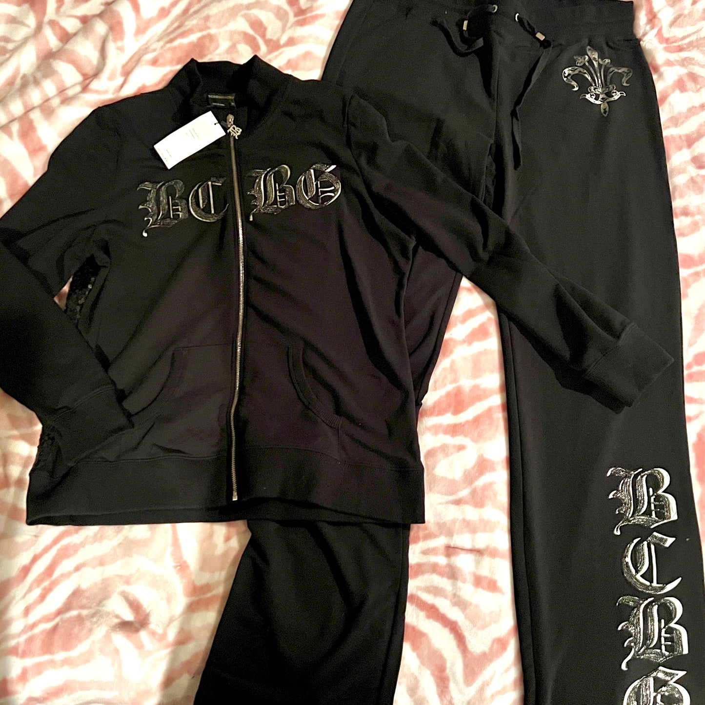 New XL Black BCBG 2-Piece Tracksuit Jacket + Track Pants Sequin Set MSRP $160