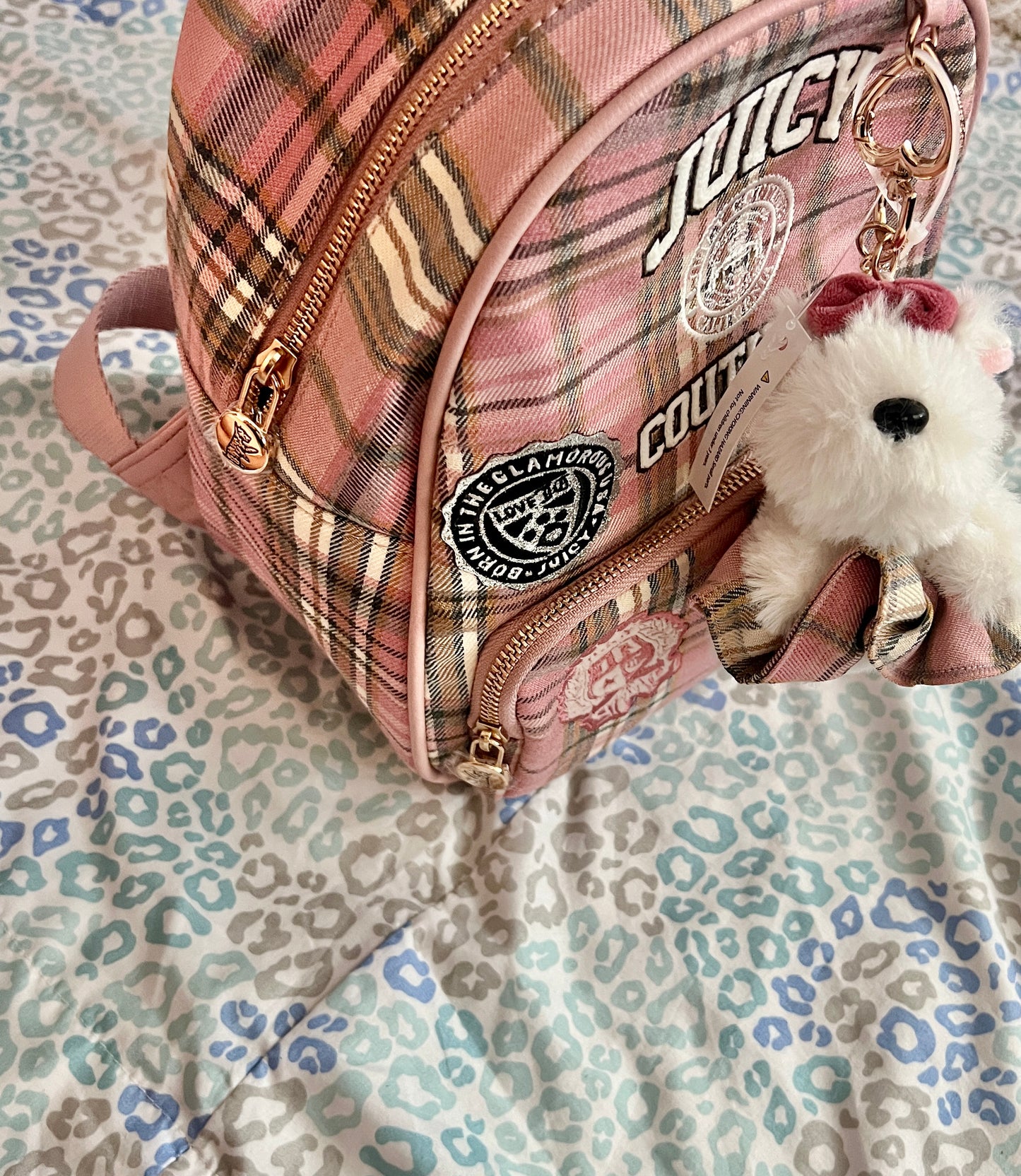 New Pink Plaid Juicy Couture Backpack Purse Bag Dog Charm Patch Work