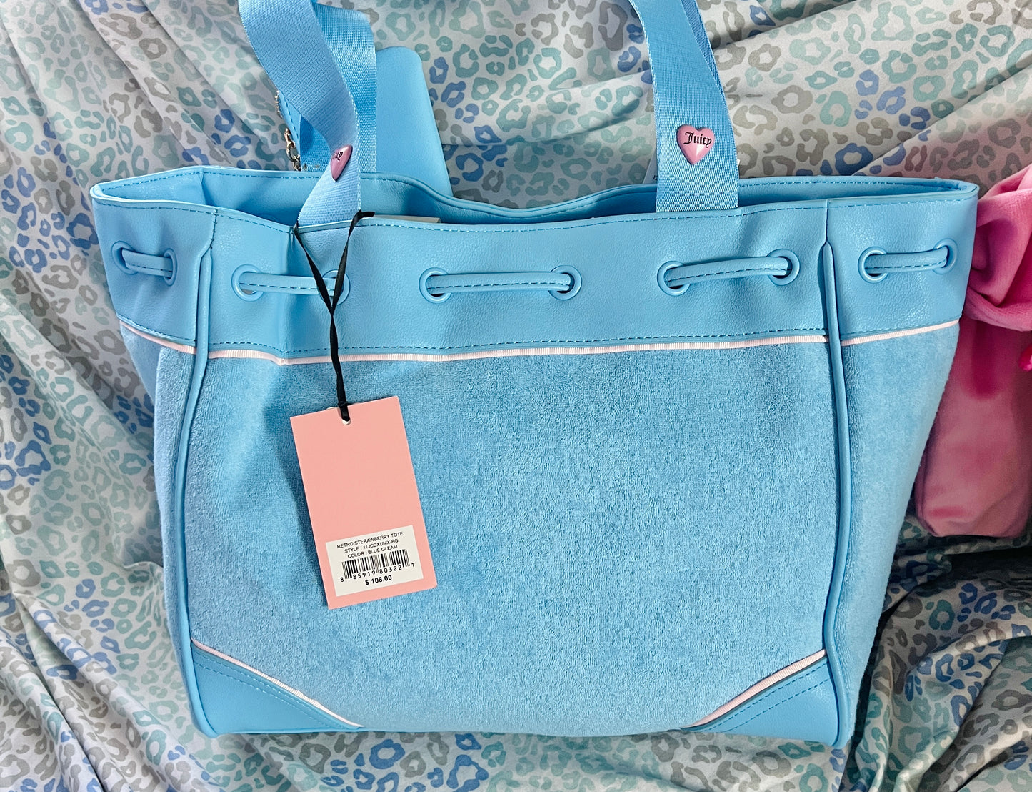 New Blue Juicy Couture Purse Handbag Daydreamer Tote Bag Strawberry Terry Cloth
