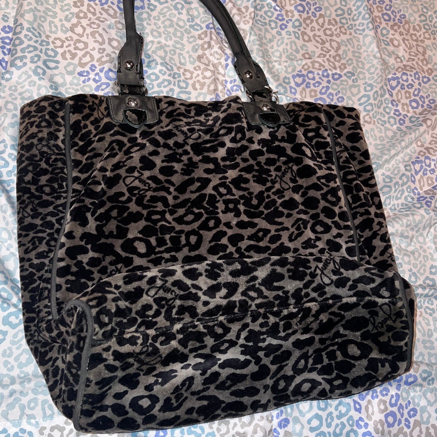 Vintage Grey Black Juicy Couture Handbag Satchel Bag Purse Velour Y2K Cheetah