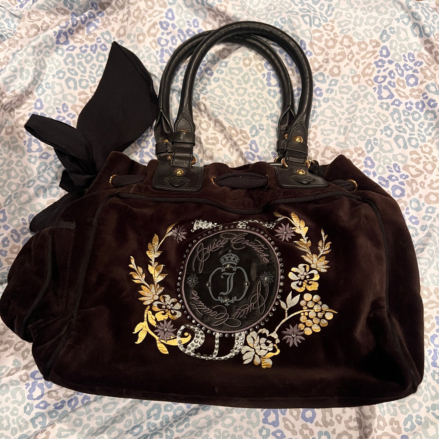 Vintage Black Juicy Couture Purse Velour Handbag Y2K Bag Floral Flower